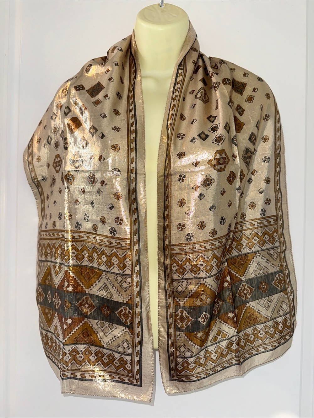 Vintage 80s Collectif Metallic Silver,‎ Bronze & Gold Patterned Scarf